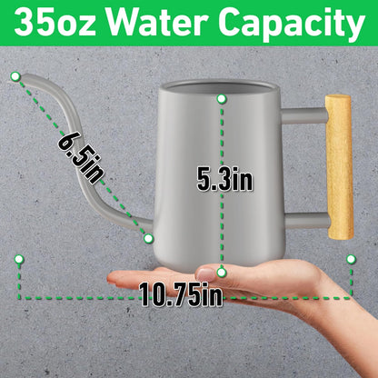 35 oz Metal Small Indoor Watering Can with Long Spout & Real Wood Handle for House Plants, Succulents, Cacti & Seedlings - Gray Long Spout Watering Can Indoor Plants - Stylish, Gentle Flow, No Spills
