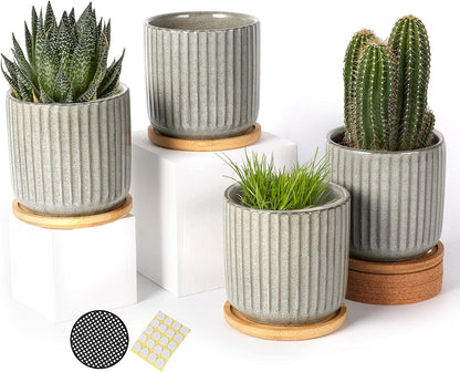 OMAYKEY 4 Inch Ceramic Plant Pot with Saucer, Creative Stripe Grey-Green Small Planters Pots with Drainage Hole and Mesh Pads for Succulent, Cactus, Herbs - Set of 4