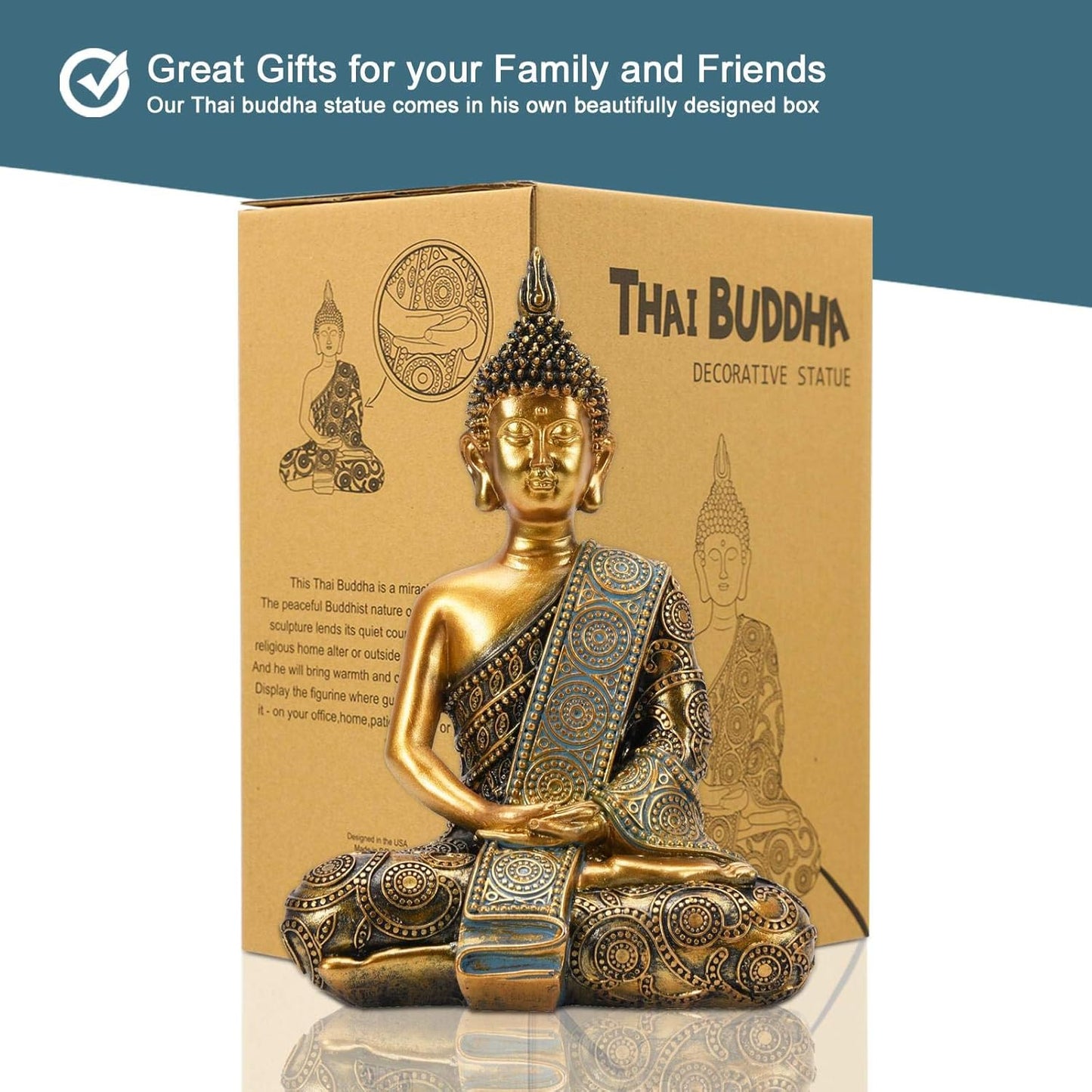 Nacome Meditating Seated Thai Buddha Statue Praying Collectibles Figurines,Zen Garden Buddha Sculpture-Indoor/Outdoor Decor for Home,Porch Yard Art Decoration,polyresin,Gold Buddah,Gift