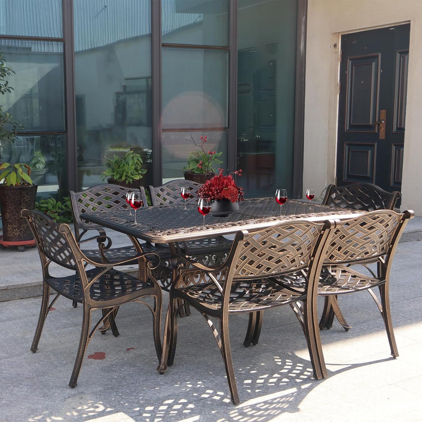 60" Rectangular Patio Dining Tables for 6 Person Cast Aluminum Round PatioTable with 2.5" Umbrella Hole, Wrought Iron Patio Bistro Table Metal Outdoor Bistro Dining Table for Garden,Bronze