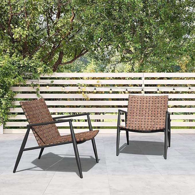 Grand patio Chairs Set of 2 Leather- Look Wicker Outdoor Chairs with Powder Coated Aluminum Frame Outdoor Bistro Set for Garden Backyard Balcony Brown
