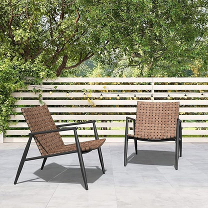 Grand patio Chairs Set of 2 Leather- Look Wicker Outdoor Chairs with Powder Coated Aluminum Frame Outdoor Bistro Set for Garden Backyard Balcony Brown