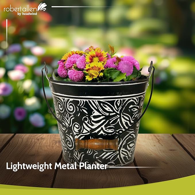 Headwind Robert Allen Vintage Floral Metal Planter with Handle, 12-Inch, Charcoal – Lightweight Indoor/Outdoor Flower Pot with Drainage Hole