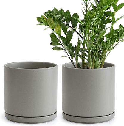 Set of 2 Plants Pots, 8 Inch Ceramic Planter Pot for Plants with Drainage Hole and Saucer, Speckled Grey, 94-V-D-3