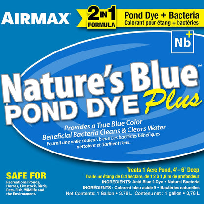 Airmax Pond Dye Plus, Nature's Blue Colorant & Natural Beneficial Bacteria, Large Pond & Lake Water Clarifier & Color Treatment, Shade Plants & Algae from Sunlight, Fish & Livestock Safe, 1 Gallon