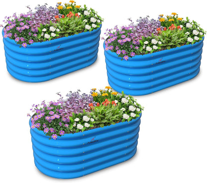 A ANLEOLIFE Kids Raised Garden Beds Outdoor (3-Pack)-40x24x18in Oval Round Galvanized Metal Planter Box for Planting Vegetables, Flowers, Fruits, Eco-Safe & Easy Setup, Sky Blue