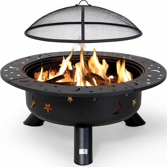 SUNCREAT 42" Extra Large Bonfire Fire Pit, Steel Round Fire Pit Table for Backyard, Garden, Outside, Star Pattern