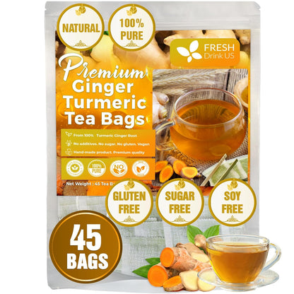 FreshDrinkUS, Premium 45 Ginger Turmeric Tea Bags, 100% Natural Ingredients, Hand-made Blend of Ginger and Turmeric Herbal Tea, Eco-conscious Tea Bags. No Sugar, No Caffeine, No Gluten, Vegan.