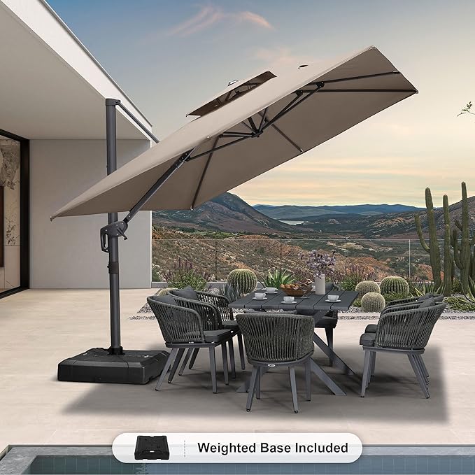 PURPLE LEAF 9' x 12' Cantilever Patio Umbrella Outdoor Umbrella with 280lbs Base Large Rectangular Windproof Offset Umbrella for Pool Deck Garden, Ash Mocha