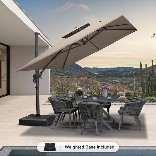 PURPLE LEAF 9' x 12' Cantilever Patio Umbrella Outdoor Umbrella with 280lbs Base Large Rectangular Windproof Offset Umbrella for Pool Deck Garden, Ash Mocha