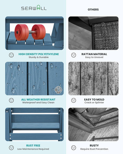 SERWALL Outdoor Dining Table, 67" Rectangle HDPE Dining Table for 6, Patio Table for Dining with Umbrella Hole, Blue
