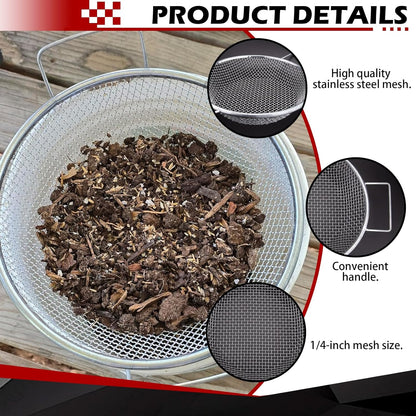 Stainless Steel Garden Sieve with Handles for 5-Gallon Bucket，1/4 inch Mesh，Commonly Used with Soil, Sand, Gravel, and Other Media