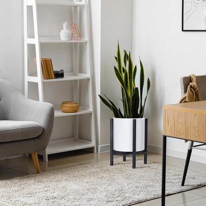 D'vine Dev Planter Pot with Stand - 12 Inch Plastic Cylinder Flower Pot with Wood Planter Holder for Indoor, Matte White Pot + Ebony Stand, 55-C-Q-1