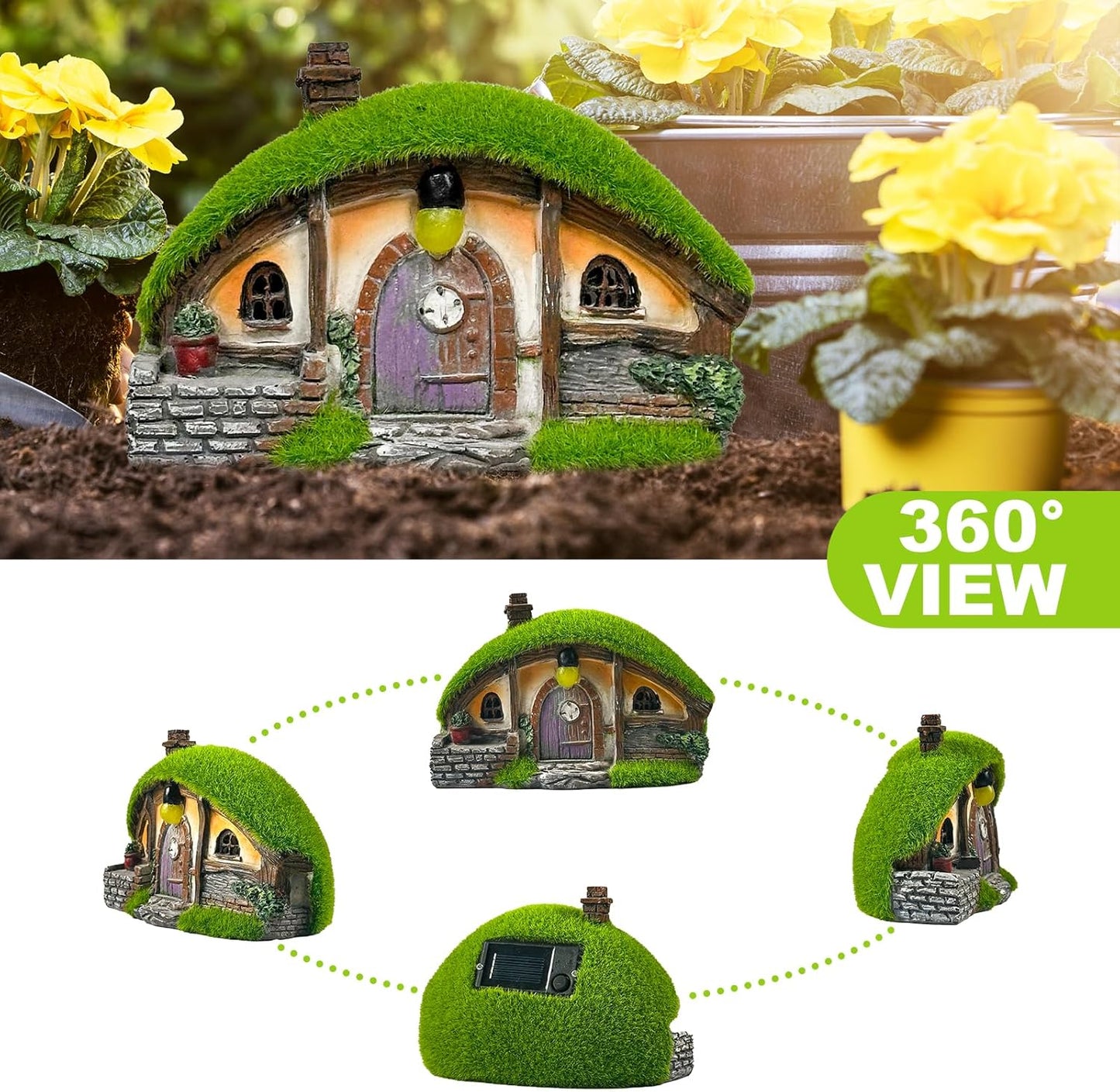 Garden Statue and Fairy House with Solar Lights – Resin Outdoor Figurine Lights, Cottage Yard Decor for Porch & Lawn