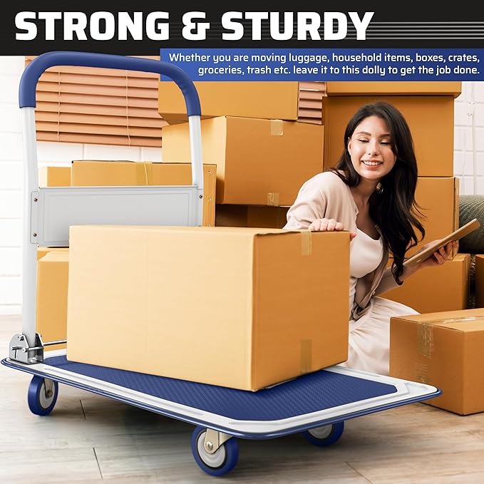 Heavy Duty Foldable Push Cart Dolly | 660 lbs. Capacity | Upgraded Collapsible Hand Truck Folding Platform with Swivel Wheels | Flat Bed Moving Wagon | Space Saving Push Handle (Blue)