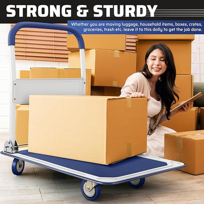 Heavy Duty Foldable Push Cart Dolly | 660 lbs. Capacity | Upgraded Collapsible Hand Truck Folding Platform with Swivel Wheels | Flat Bed Moving Wagon | Space Saving Push Handle (Blue)