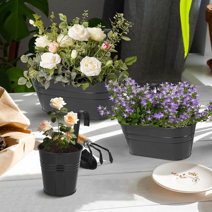 3 Different Size Metal Iron Hanging Flower Pots 13 Pcs for Outdoor Plants Metal Hanging Bucket Pots Iron Railing Fence Planter with Drainage Holes and Hooks for Porch Railing Balcony Fence (Black)