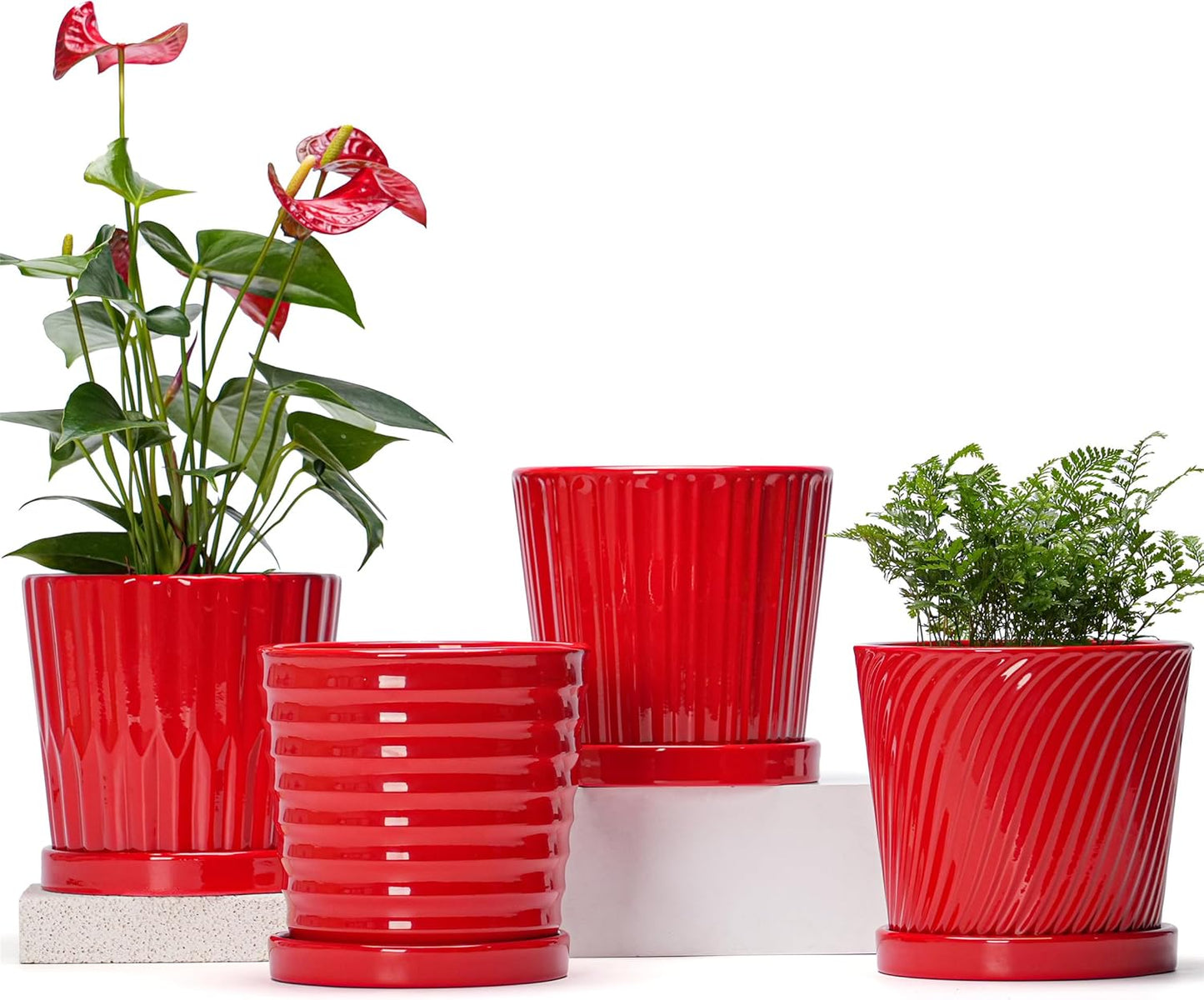 Ton Sin Plant Pots, 6 Inch Flower Pots for Plants,Ceramic Planter with Drainage Holes,Indoor Planter Pots with Saucer,Outdoor Garden Pots (Red, 4 Pack)