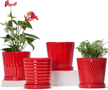 Ton Sin Plant Pots, 6 Inch Flower Pots for Plants,Ceramic Planter with Drainage Holes,Indoor Planter Pots with Saucer,Outdoor Garden Pots (Red, 4 Pack)