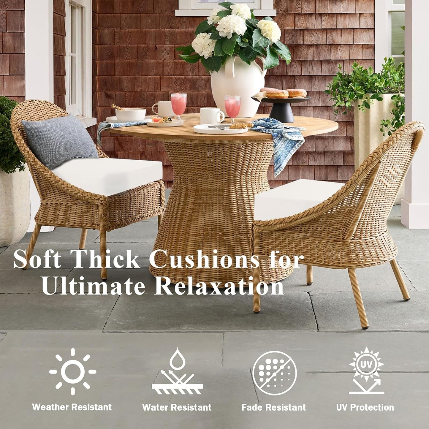 Outdoor Chair Cushions Set of 2, Waterproof Foam Patio Seat Cushions with Ties for Garden Sofa & Dining Furniture, 3-Year Color Fastness, 18x18x3 Inch, Beige