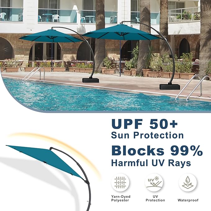 12FT Cantilever Umbrella with Base Large Curvy Outdoor Aluminum Offset Umbrella w/ 360° Rotation, UV Resistant Canopy for Patio, Garden, Backyard, Lake Blue