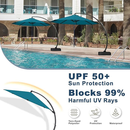 11FT Cantilever Umbrella with Base Large Curvy Outdoor Aluminum Offset Umbrella w/ 360° Rotation, UV Resistant Canopy for Patio, Garden, Backyard, Lake Blue