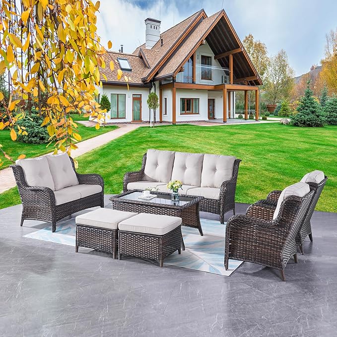 Outdoor Patio Furniture Sofa Set - 7 Piece Rattan Wicker Patio Sectional Conversation Sets with 1 Sofa,1 Loveseat,1 Coffee Table,2 Armrest Chairs and 2 Ottomans for Porch Deck Garden(Brown/Beige)