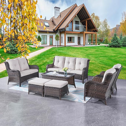 Outdoor Patio Furniture Sofa Set - 7 Piece Rattan Wicker Patio Sectional Conversation Sets with 1 Sofa,1 Loveseat,1 Coffee Table,2 Armrest Chairs and 2 Ottomans for Porch Deck Garden(Brown/Beige)