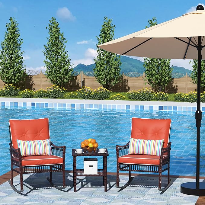 DECMICO Outdoor Rocking Chairs 3 Pieces Patio Conversation Front Porch Furniture, Wicker Rocking Chairs Bistro Set with Coffee Table and Cushions for Garden and Balcony, Orange