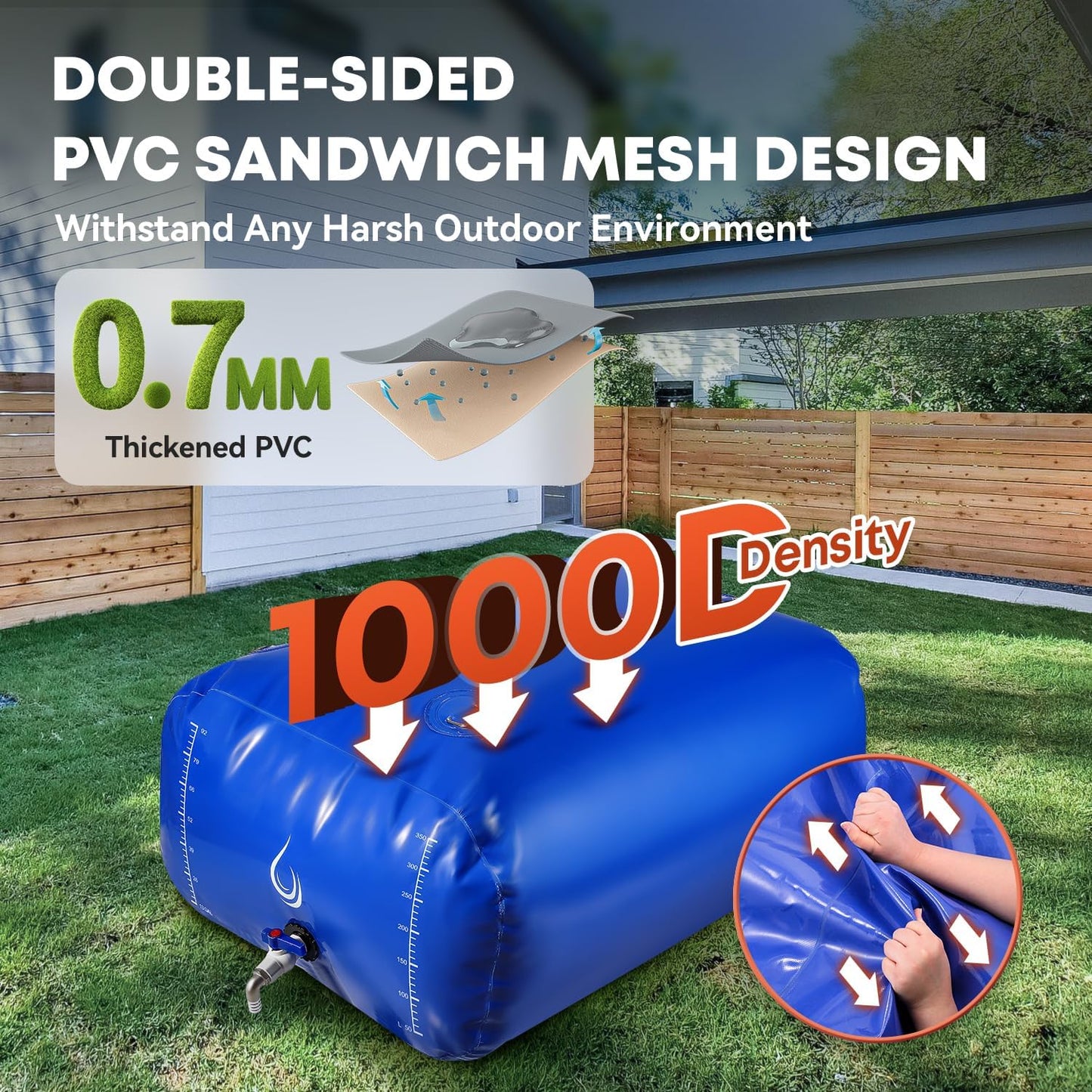 LANUEVA 105 Gal/400L Portable Water Storage Bladder, 1000D PVC Foldable Water Tank with Spigots and Overflow Kit, Water Storage Containers for Emergency Water, RV, Irrigation&Camping (Blue, 400L)