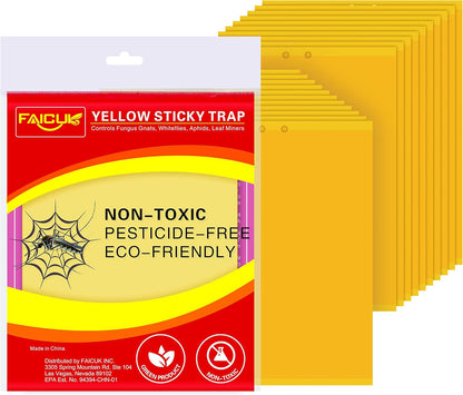 Faicuk 20 Pack Dual Sided Yellow Sticky Traps for Flying Plant Insect Like Fungus Gnats, Aphids, Whiteflies, Leafminers (6x8 Inches, Twist Ties Included)