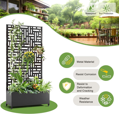 FENCY Metal Raised Garden Bed with Wheels and Trellis,73"x35"x16" Planter Box for Climbing Plants, Vegetables & Vines, Features Privacy Screen and Drainage Holes (Black-Geometric Lattice)