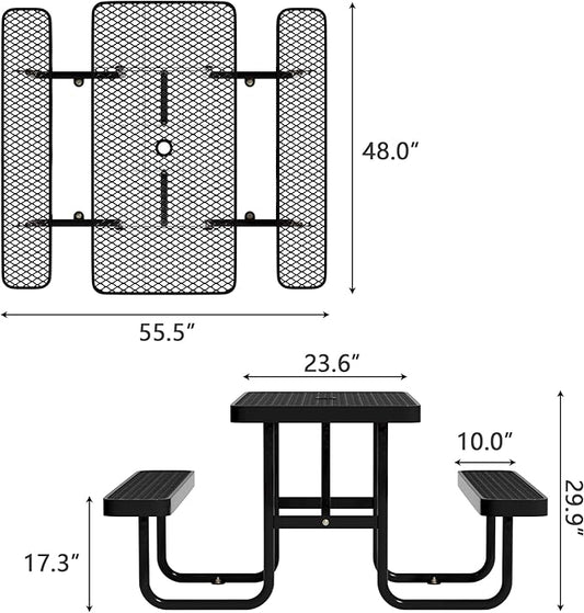 4FT Rectangular Steel Outdoor Picnic Table,Commercial Black Picnic Table Bench Set with Umbrella Hole, Weather-Resistant Heavy Duty School Dining Table for Patio, Garden, Backyard