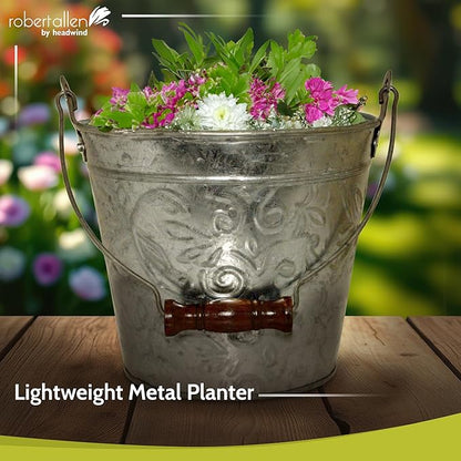 Headwind Vintage Collection - Floral Galvanized Planter with Handles – 8 Inch Medium Flower Pots Decorative Plant Indoor – Plant Pots Indoor with Drainage by Robert Allen