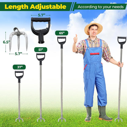 Hand Garden Rake, Adjustable Handle Heavy Duty Garden Cultivator Rake with D-Type Grip for Digging, Weeding, Loosening