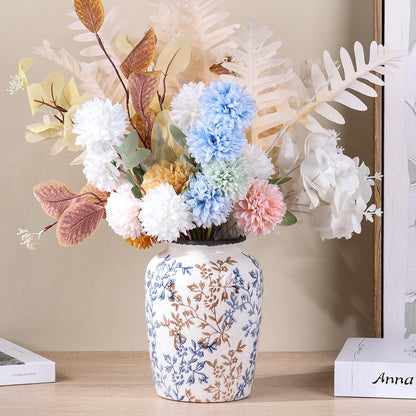 Vintage Vase for Flowers,Blue Chinoiserie Ceramic Vase,Rustic Farmhouse Cracked Vases,for Flower Arrangement,Living Room, Office, Shelf, Fireplace Tables,Centerpieces,Chinoiserie Pottery Decor(C)