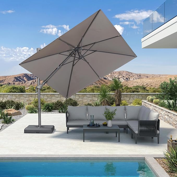 PURPLE LEAF 8' X 8' Left-right Tilting Outdoor Patio Umbrella Swivel Offset Cantilever Heavy Duty Rectangle Aluminum Umbrella with UV Resistant for Deck Pool Patio Backyard, Ash Mocha
