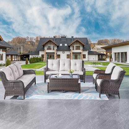 Rilyson Wicker Patio Furniture Sofa Set - 7 Piece Rattan Outdoor Patio Sectional Conversation Sets with 2 Sofa,2 Armrest Chairs,1 Coffee Table and 2 Ottomans for Porch Deck Garden(Brown/Beige)