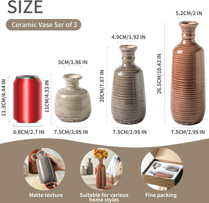 Ceramic Vases Set of 3, Neutral Rustic Farmhouse Vases Home Decor Decorative Flower Vase Modern Boho Pampass Vase for Table Mantel Entryway Shelf Living Room Kitchen Bathroom - Brown
