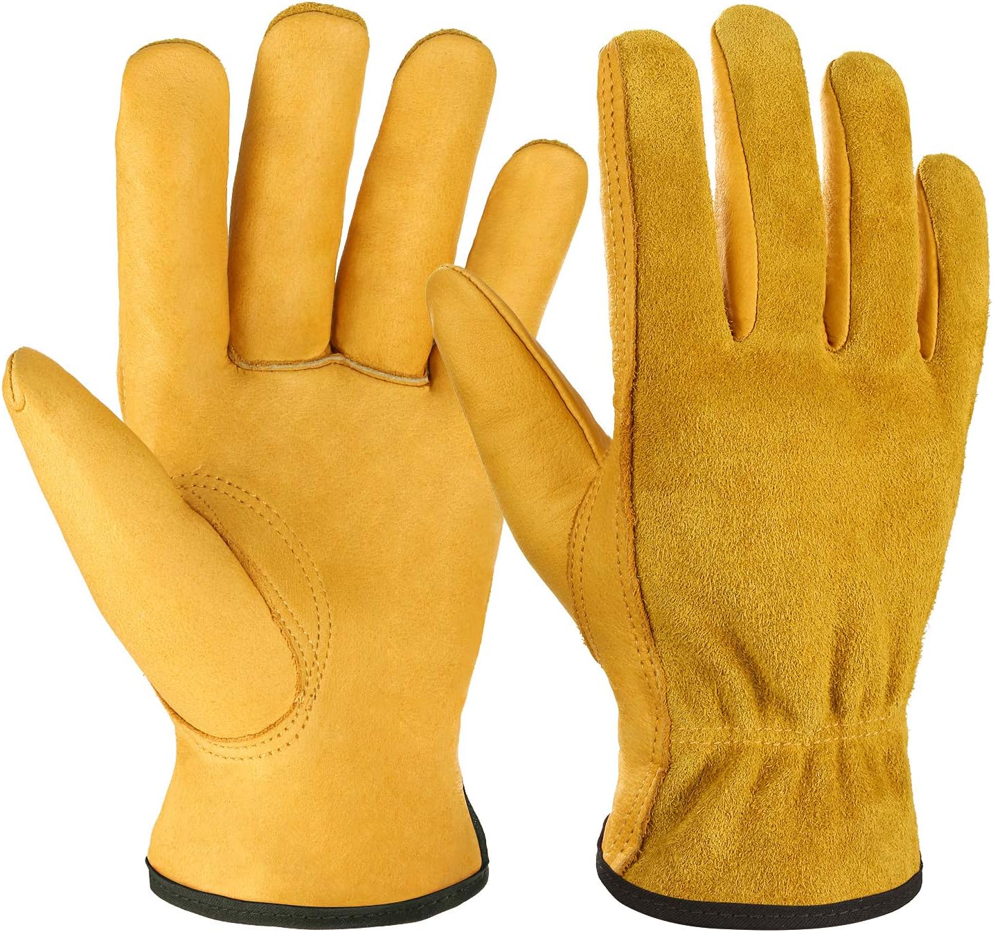 OZERO Leather Work Gloves Flex Grip Tough Cowhide Gardening Glove for Wood Cutting/Construction/Driving/Garden for Men and Women 1 Pair (Gold,Large)