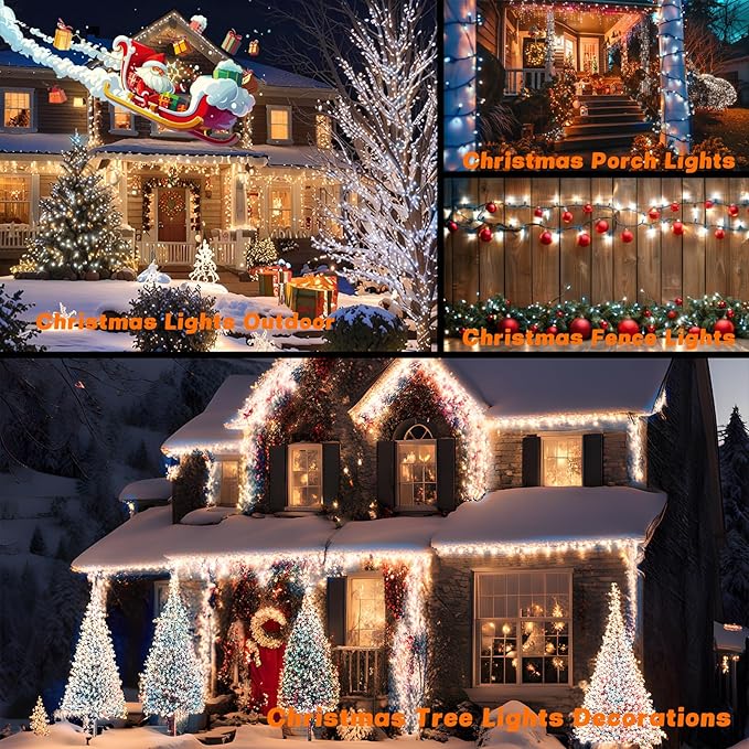 OZS 2PK 240LED Solar Sring Lights Outdoor Waterproof, Solar Christmas Lights for Outside, Green Wire Tree Electric Holiday Light with 8 Lighting Modes for Christmas Decorations(Cool White)