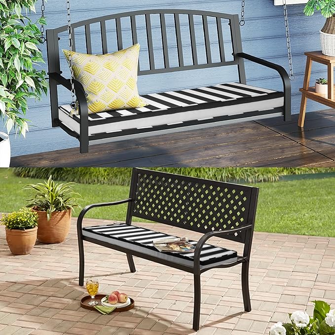 Outdoor Bench Cushion 48x16x3 Inch with Ties, Thick Waterproof Porch Swing Cushions for Patio Furniture Chair Pad, Seat Sofa Garden Replacement Cushion Sponge Filling (Black&white Stripes, 48x16)