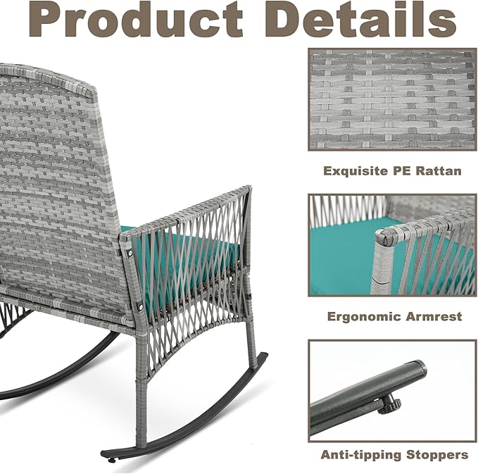 DECMICO Outdoor Rattan Wicker Rocking Chair, 3 Pieces Patio Conversation Furniture Bistro Sets with Side Table and Cushions for Porch Garden and Balcony