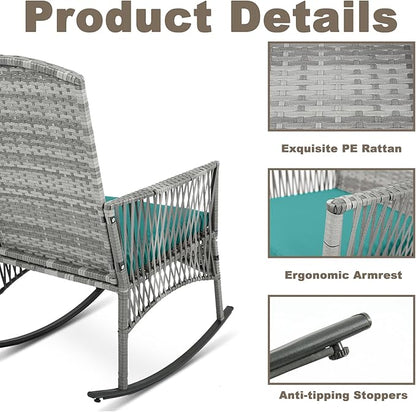 DECMICO Outdoor Rattan Wicker Rocking Chair, 3 Pieces Patio Conversation Furniture Bistro Sets with Side Table and Cushions for Porch Garden and Balcony