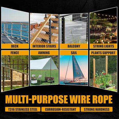 250FT 1/8" Stainless Steel Cable Black 7x7 Strands Aircraft Cable T316 Wire Rope with Cable Cutter 1800lbs Breaking Strength Wire Cable for Deck Cable Railing, Stair, Fence, DIY Balustrades