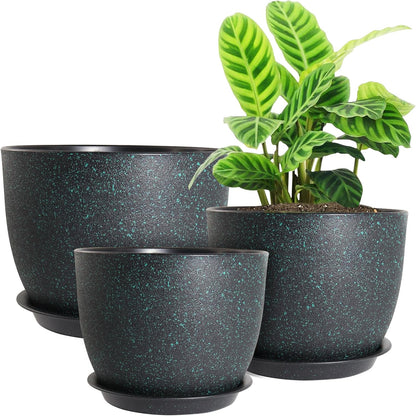 Modern Plant Pots Set, 9/8/7.5 inch Plastic Planters for Indoor Plants, Stylish Flower Pots with Drainage Holes and Saucers for House Plants and Flowers, Black with Green Speckles