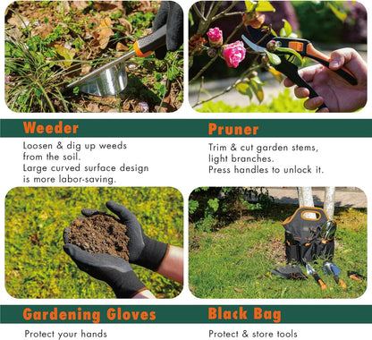 DTRK 8-Piece Large Garden Tool Set 304 Stainless Steel Garden Tool Kit with Handbag,Pruning Shears,Gloves Heavy Duty Gardening Hand Tools with Non-Slip Rubber Grip,Ideal Gifts for Women & Men Orange