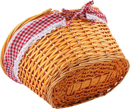 1 Pack 14.2 Inch Natural Wicker Basket with Checkered Lining, Oval Wicker Woven Basket with Handle, Willow Woven Picnic Baskets for Picnic, Camping, Party(Large)