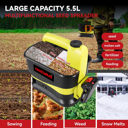 Seed Spreader, Handheld Battery Operated Spreader with 2x2000mAh Batteries, 5.5L Large Capacity Hopper, 6 Speed Levels, Available Year-Round, Grass Seed, Rock Salt, Fertilizer & Ice Melt