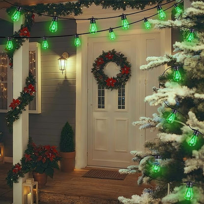 LED Christmas Lights, 50FT Patio Lights with 16Pcs Shatterproof S14 Bulb(1 Spare), 4 Lighting Mode, Connectable, Waterproof Green Edison Plastic Bulb Hanging Light for Yard Porch Christmas Décor